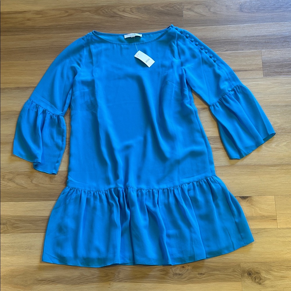 LOFT Bright Blue Ruffle-Hem Dress with Button-Trim Sleeves
